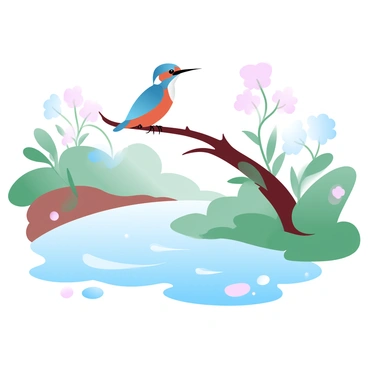 A vibrant kingfisher with bright blue and orange feathers is perched on a slender branch. The branch extends over a calm river reflecting soft gradient pastel colors. Gentle ripples can be seen in the water beneath the kingfisher. Lush greenery surrounds the riverbank, creating a serene environment. A few delicate flowers in pastel shades are blooming nearby, adding to the tranquil scene.