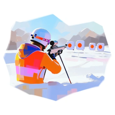 A biathlete wearing a bright red and black racing suit is practicing in a snowy field. The athlete has a determined expression while aiming down the sights of a rifle. Snowflakes are gently falling around, adding to the winter atmosphere. In the distance, several targets are set up, each marked by bright orange circles against the white backdrop. The landscape features snow-covered hills and a clear blue sky, creating a picturesque winter scene.