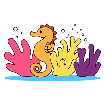 A small seahorse with a curled tail and intricate scales peeks out from behind bright and colorful coral reef formations. The coral includes various shapes and sizes, with rich shades of pink, purple, and yellow, creating a dynamic underwater scene. Tiny bubbles rise to the surface around the seahorse, and the water appears clear, allowing light to filter through. The seahorse's expressive eyes are visible, adding charm to its curious expression.