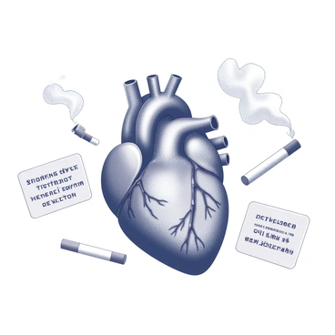 An illustration depicting an anatomical representation of a human heart. The heart is prominently displayed, with visible arteries and veins. Surrounding the heart, there are visual symbols representing smoking, such as cigarettes and smoke clouds. The arteries display signs of blockage and damage, illustrated by dark patches or narrowing in the vessels. Additionally, there are warning signs with text that reads "Smoking harms heart health" and "Increased risk of heart disease" integrated into the composition.