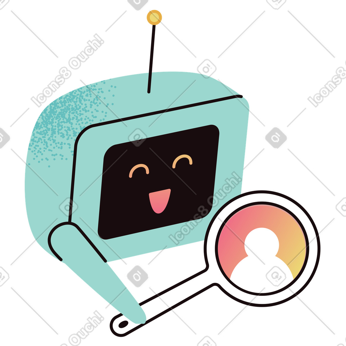 Friendly bot examining user profile, Automated customer identification and search illustration in Delight style download in PNG, SVG