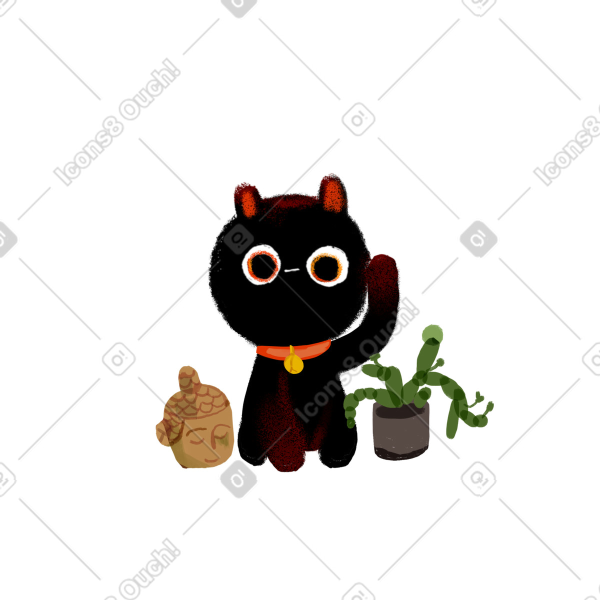 Black Maneki-neko with figurine and houseplant illustrazione in stile Ikigai scarica in PNG, SVG
