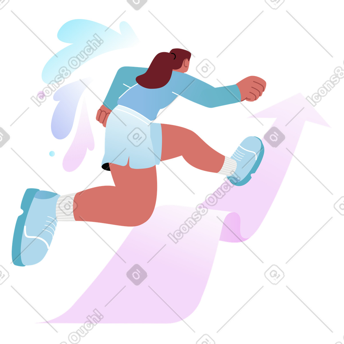 Ilustración Runner jumping on upward arrow, Reaching career goals and success en estilo Airy a descargar en PNG y SVG