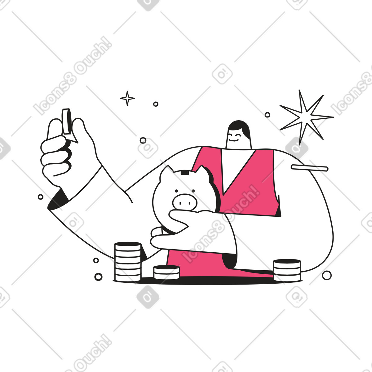 Dazzle Line スタイルの Person with piggy bank and coins, budgeting money saving のアニメーションイラストをGIF、Lottie (JSON)、AEでダウンロード