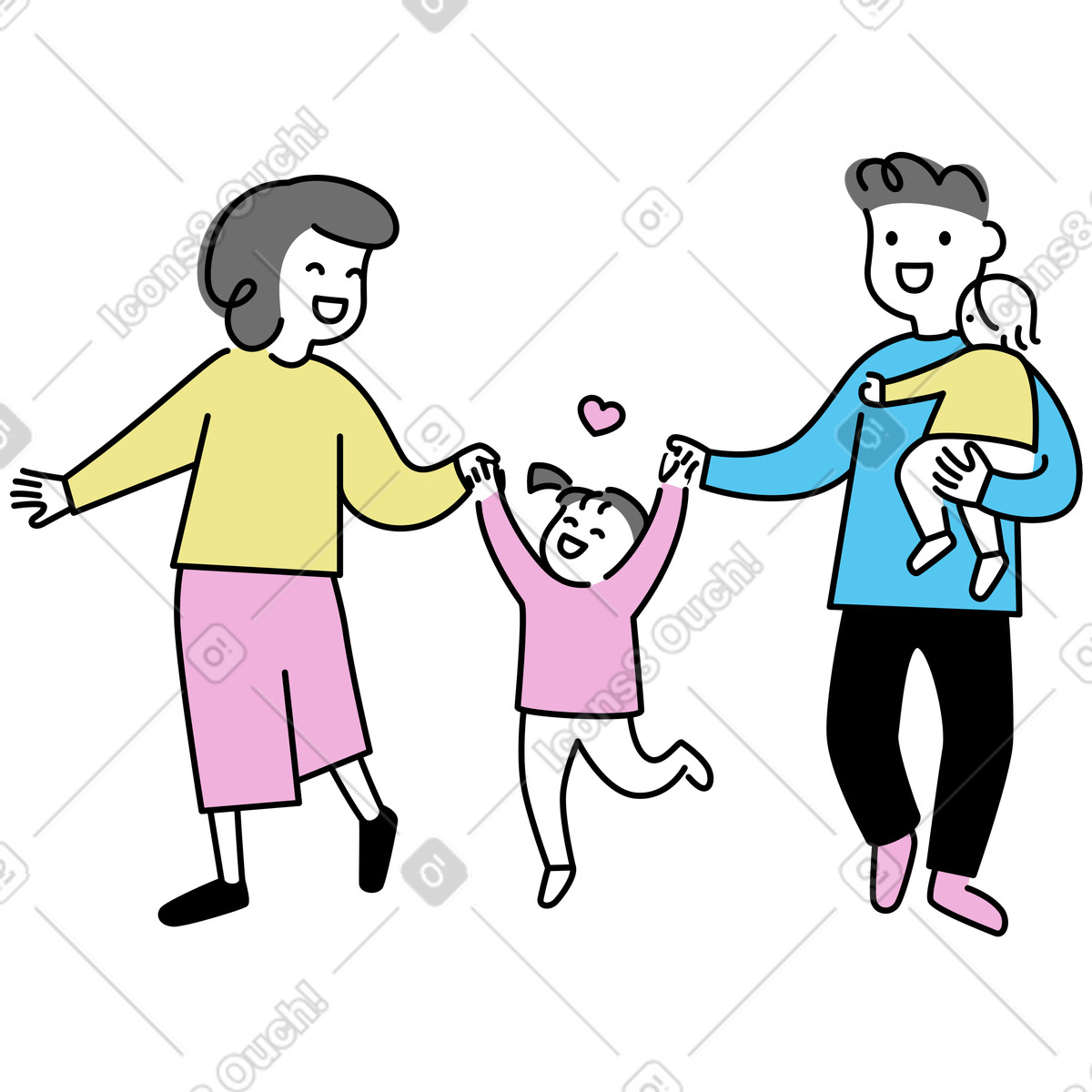 Glückliche familie auf einem spaziergang-Illustration im Mochi-Stil als Download in PNG, SVG