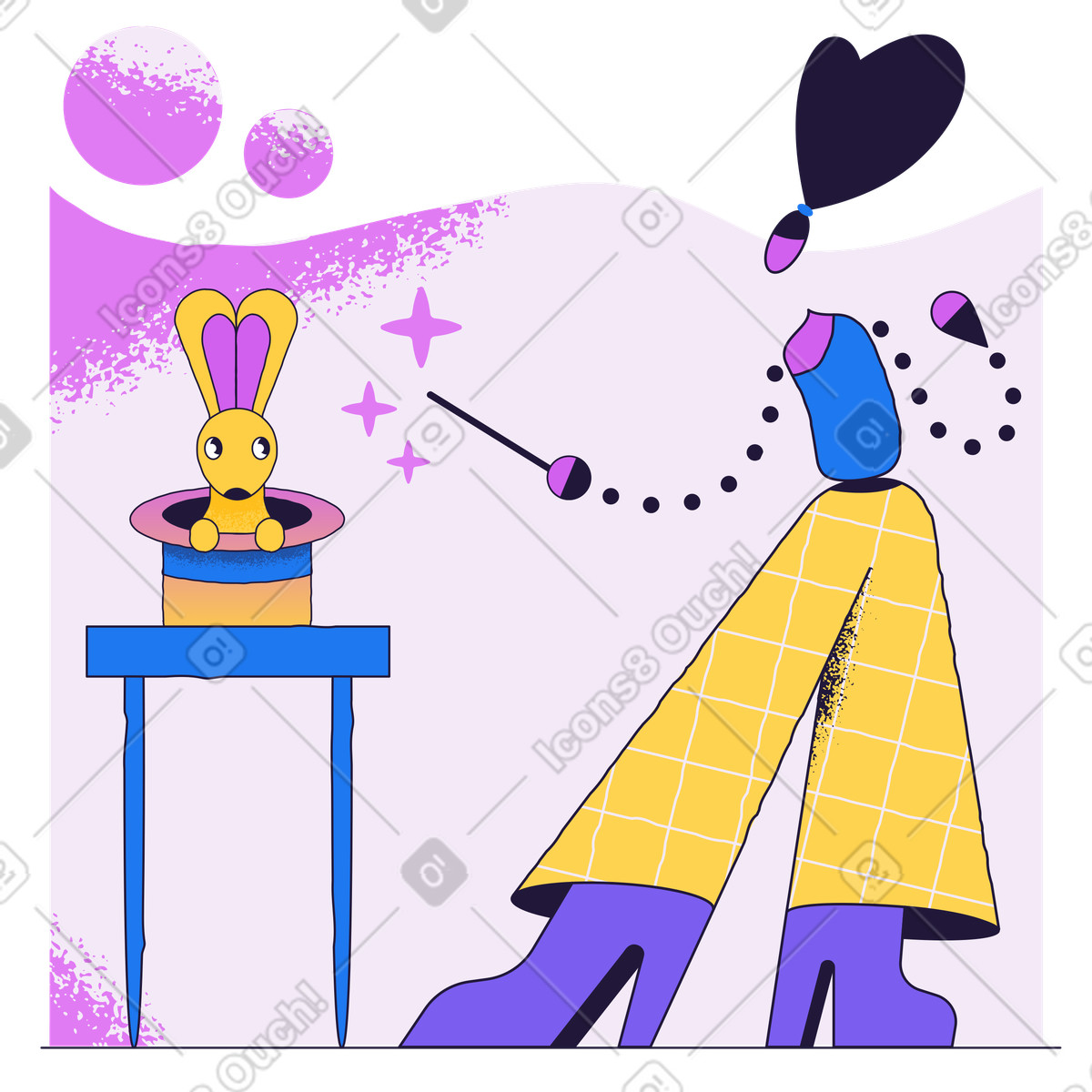 Zauberer führt den trick mit dem kaninchen im hut vor-Illustration Conifer-Stil als Download in PNG, SVG