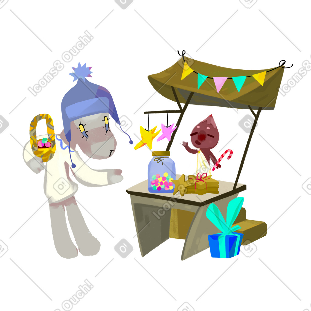 Character shopping at christmas fair illustration in Atomic style download in PNG, SVG