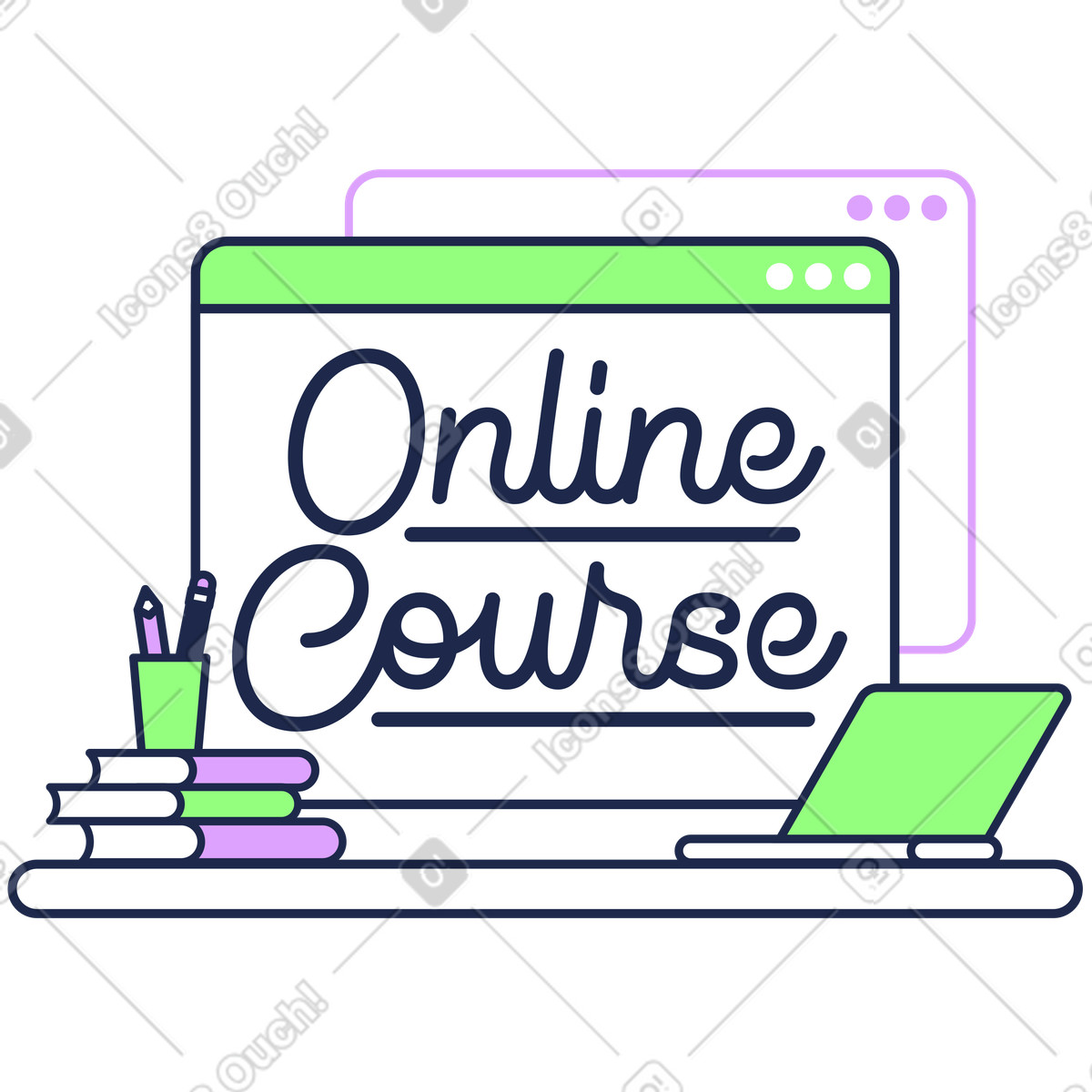 Online learning text with books and laptop, Distance education setup illustration in Outline style download in PNG, SVG