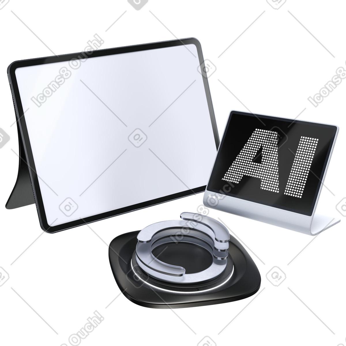 Monitors with metallic circular chart, smart technology workspace and artificial intelligence analytics illustration in PNG, SVG