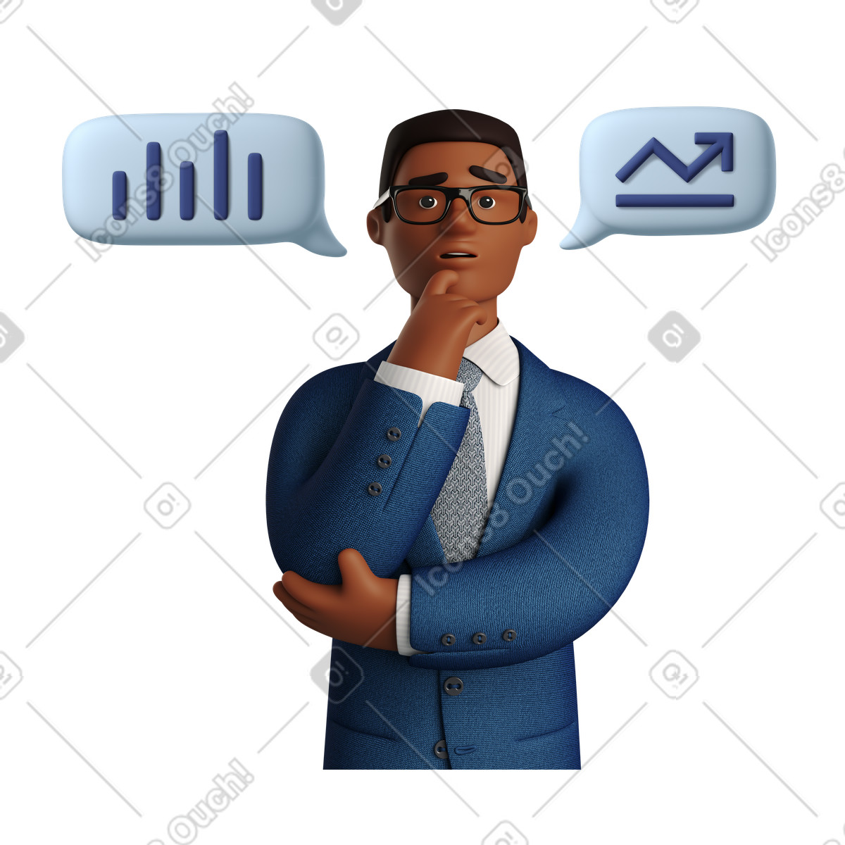 Uomo d'affari con gli occhiali pensando alle statistiche illustrazione in stile 3D Business scarica in PNG, SVG