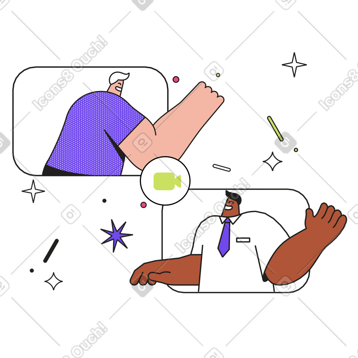 下载 Dazzle 风格的 Video call greeting between colleagues, Online workplace communication 插画，支持 PNG、SVG 格式