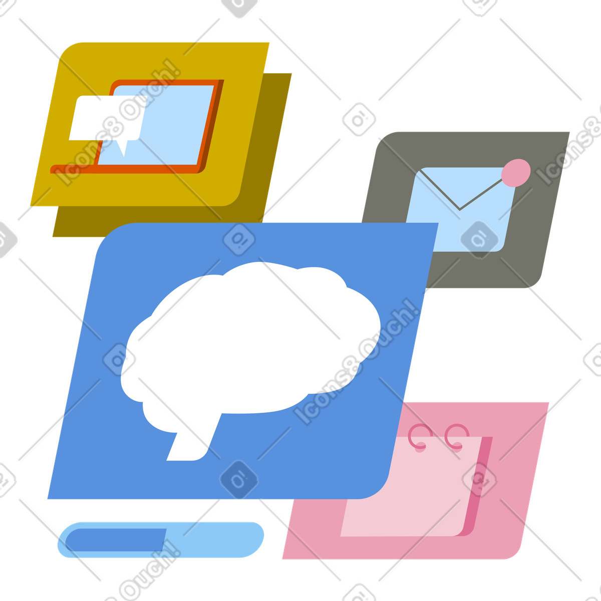 Ilustración Flujo de trabajo comunicación digital, interfaces nube y mensajes, gestión tareas notificaciones en estilo Vector a descargar en PNG SVG