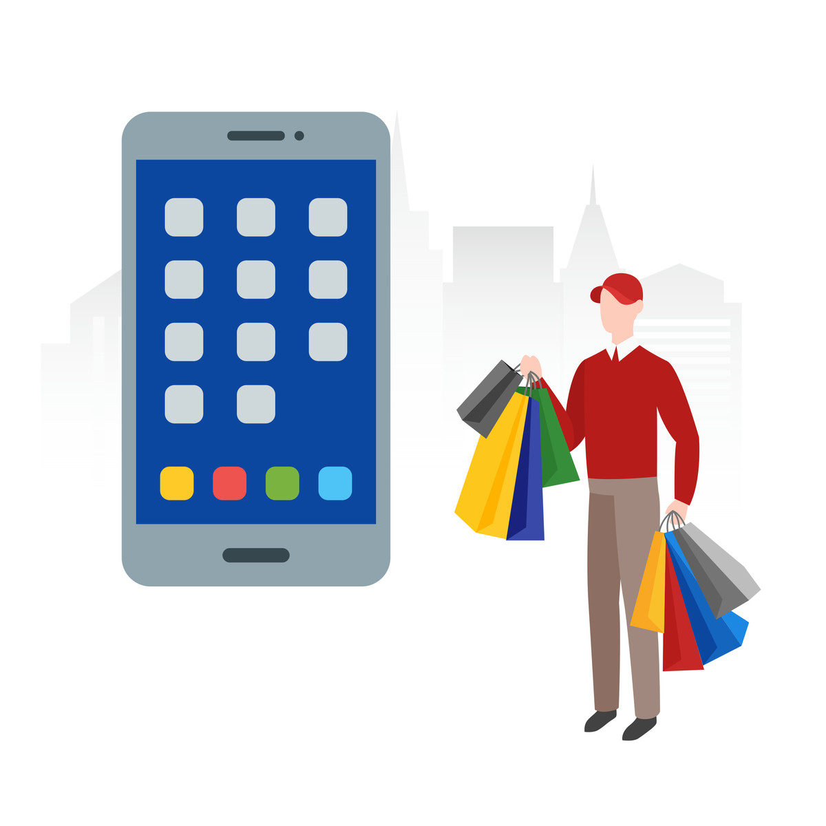 Ilustração de Mobile shopping delivery with courier holding colorful bags em no estilo Fogg para baixar em PNG, SVG
