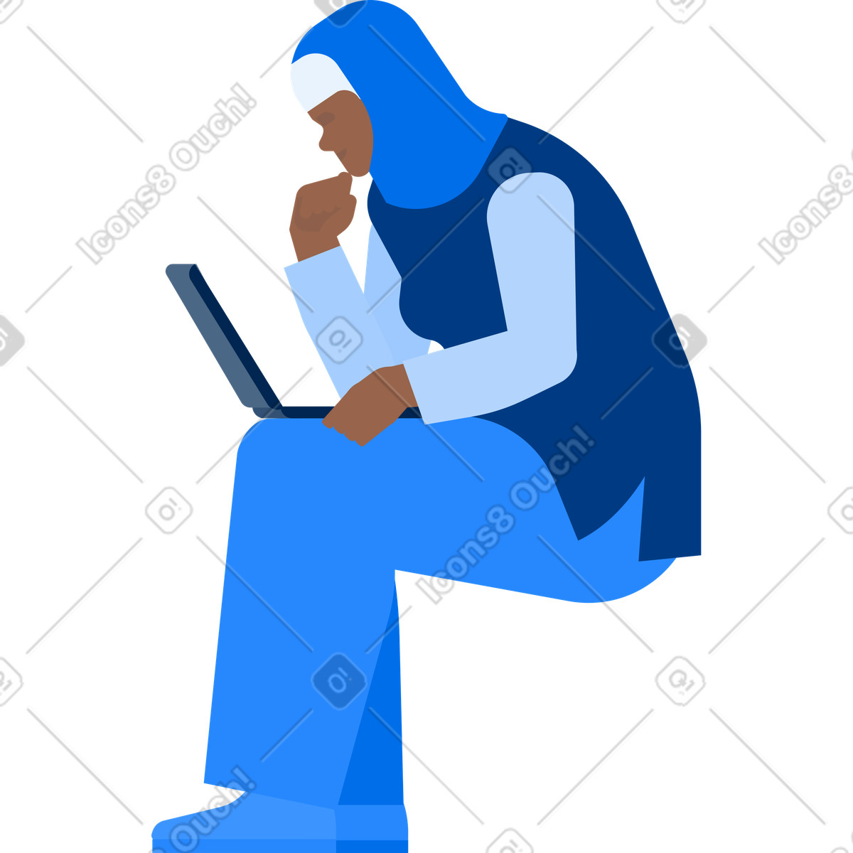 Urban スタイルの Woman in hijab sitting and looking at laptop のイラストをPNG、SVG形式でダウンロード