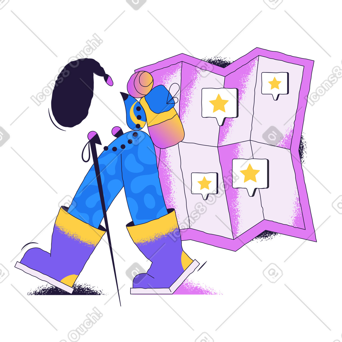 下载 Conifer 风格的 Hiker checking map with marked places, Adventure planning and goal setting 插画，支持 PNG、SVG 格式