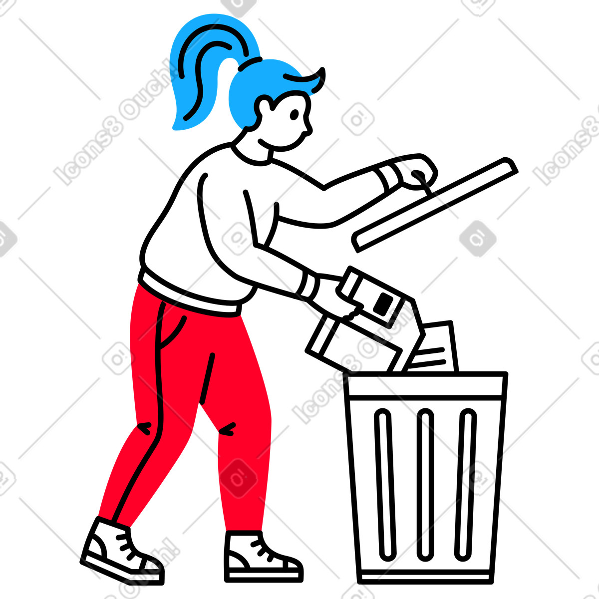 Ilustración Una mujer tira un disquete a cubo de basura en estilo Transistor descargar en PNG y SVG