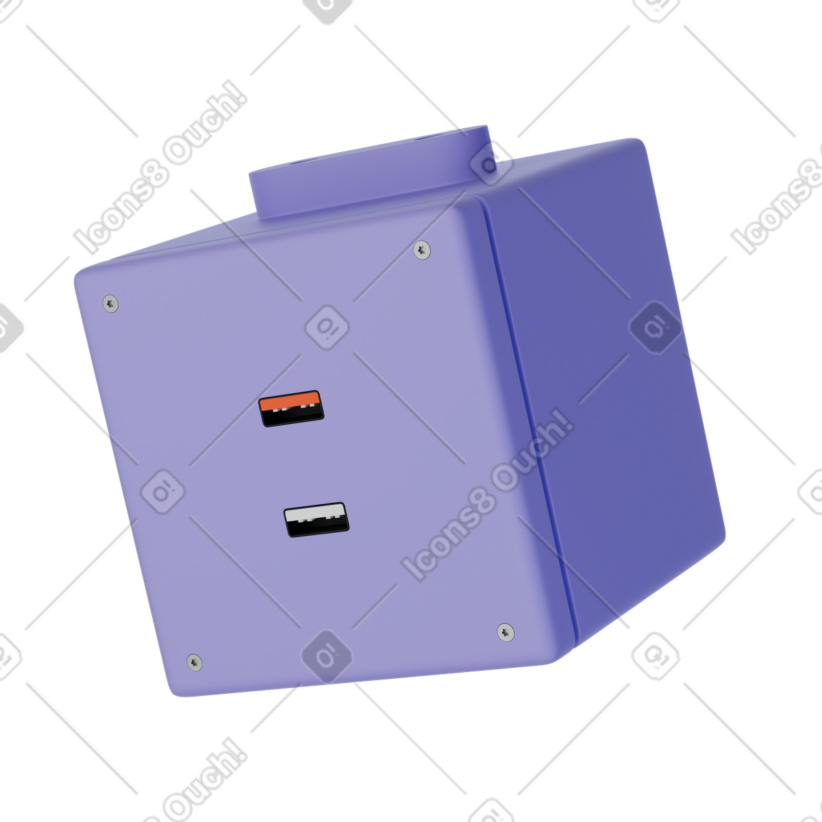 Ilustración Purple usb hub power strip cube, Extension socket adapter, Electrical outlet render en estilo 3D Product a descargar en PNG y SVG