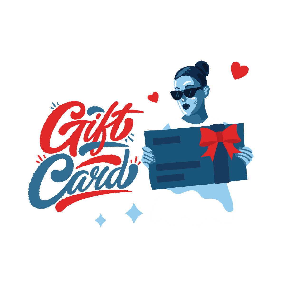 Woman in sunglasses holding gift card illustration in PNG, SVG