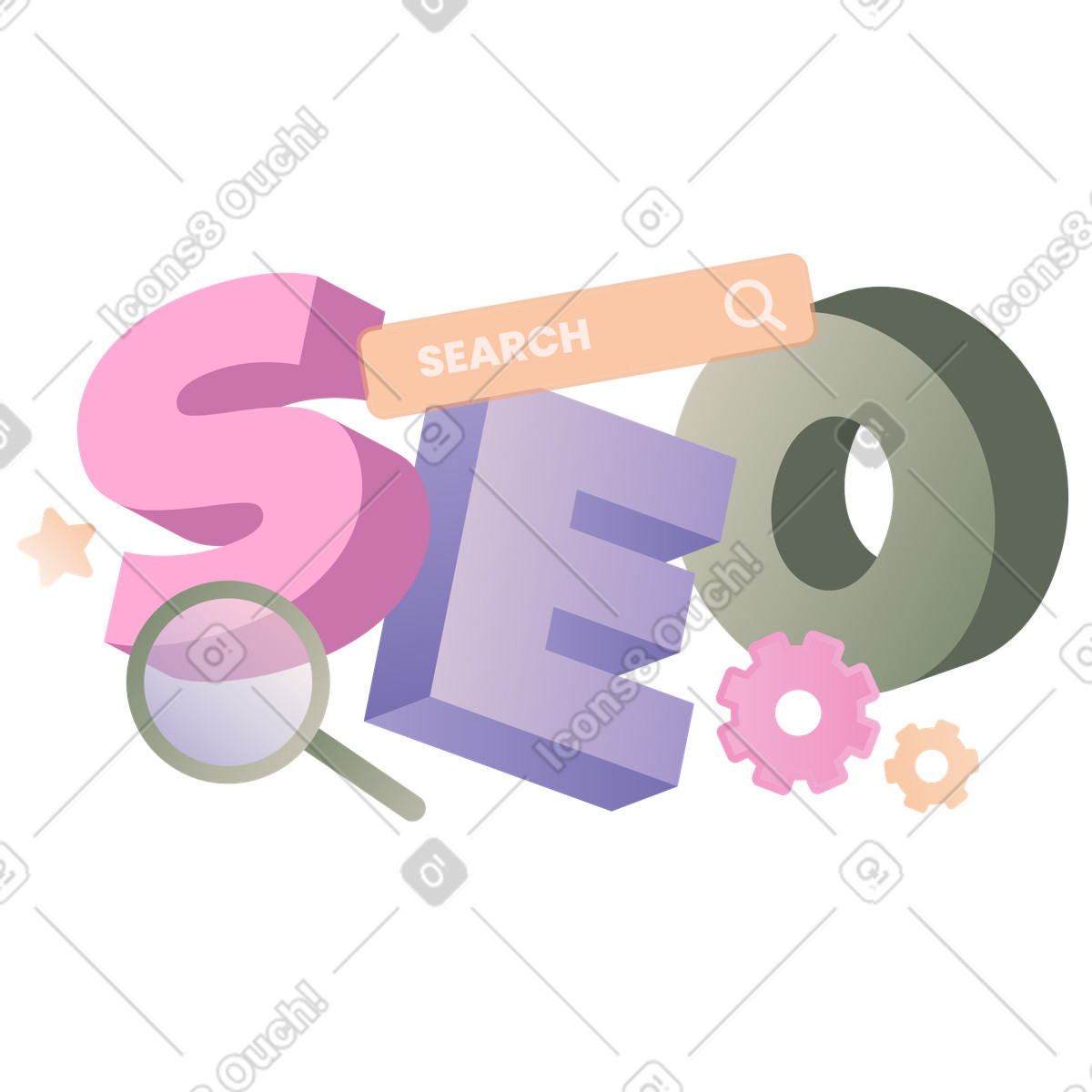 Colorful SEO text with gears and search bar, Website optimization strategy illustration in Coworking style download in PNG, SVG