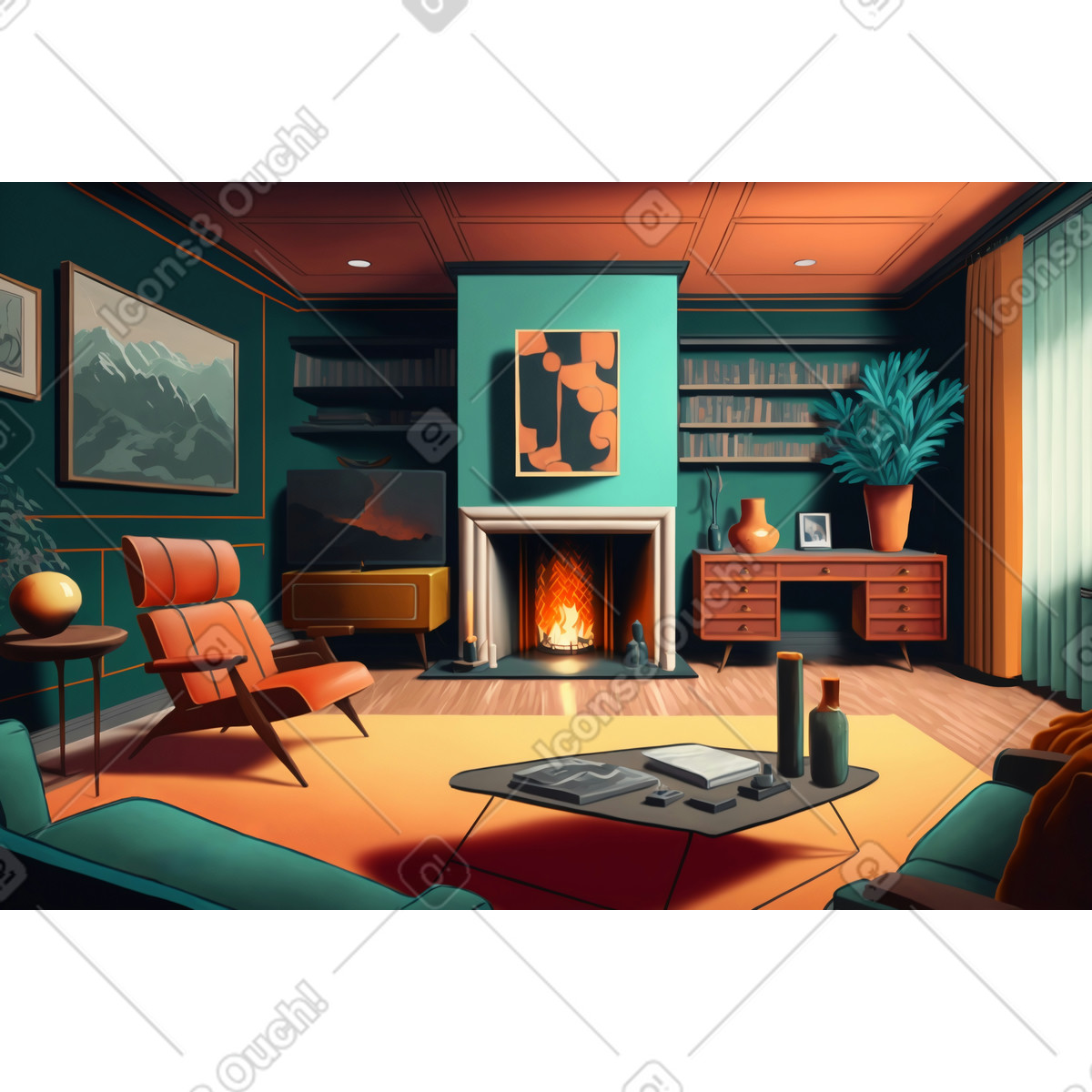 Living room with fireplace background illustration in Experimental style download in PNG, SVG