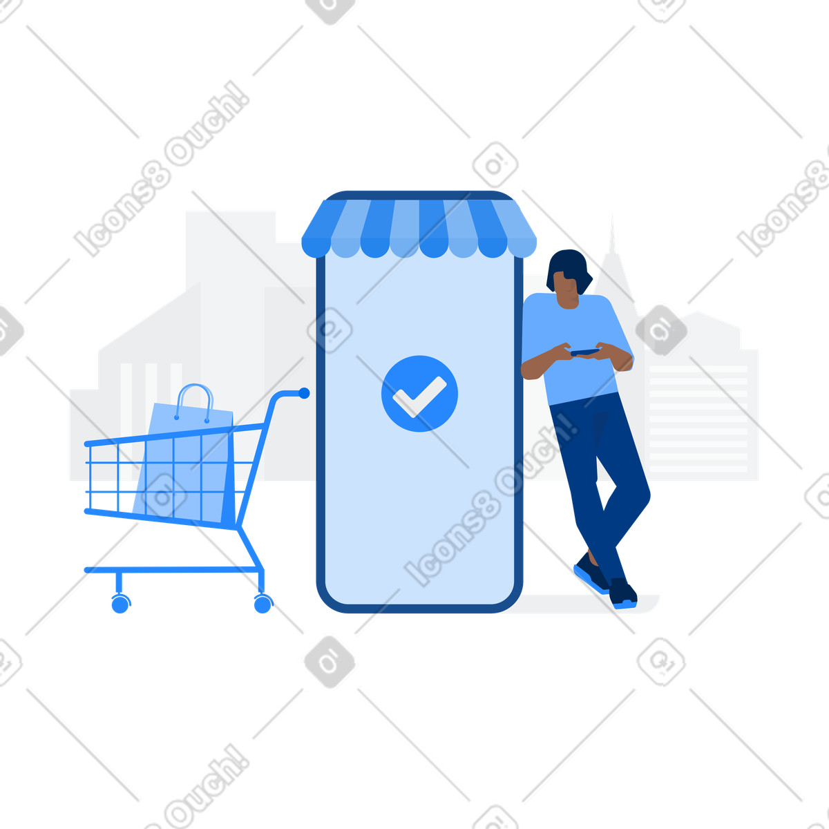 Urban スタイルの 携帯電話を持っている人はオンラインストアで買い物をしています、買い物袋はスーパーマーケットのカートにあります のイラストをPNG、SVG形式でダウンロード