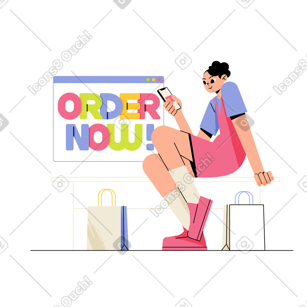 Illustration Commandez le lettrage maintenant ! avec une fille faisant du shopping en ligne dans style Juicy à télécharger aux formats PNG, SVG