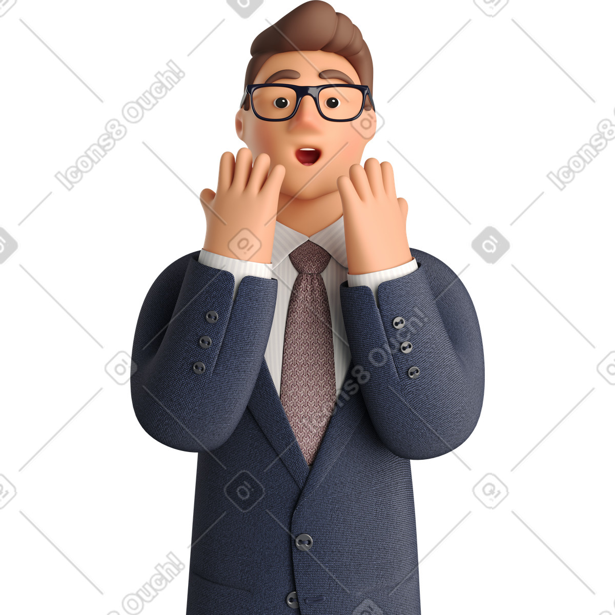 Illustration Astonished businessman in dark blue suit dans le style 3D Business à télécharger aux formats PNG, SVG