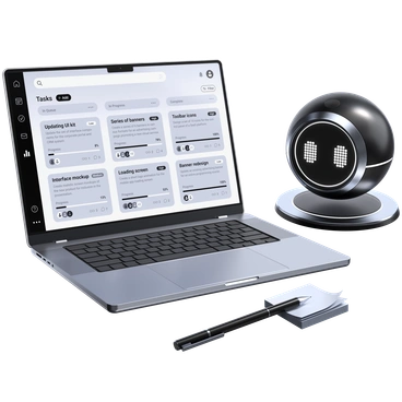 A laptop displaying task management software and a robot - 3D Pro style illustration