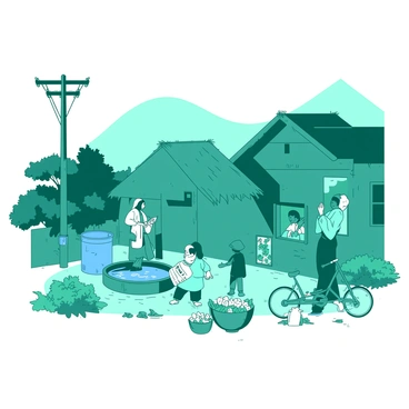 A teal ancient village scene depicts several people dressed in traditional attire engaging in daily activities. There is a woman carrying a basket filled with produce, walking towards a small blue well where another person is drawing water. Nearby, a group of children is playing with a simple wooden toy, while a man is tending to a small garden with vibrant plants. In the background, a modern electric light pole stands quietly, subtly integrated into the rustic setting, blending with the thatched roofs of the houses. A modern bicycle leans against a wall, contrasting with the traditional environment, completing the scene.