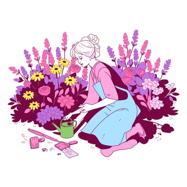 A pink garden is filled with lush, vibrant flowers of various types and colors, blooming profusely under the sunlight. Among the flowers, there are large yellow daisies, deep red roses, and purple lavender swaying gently in the breeze. In the center of the garden, Mrs. Dubose, an elderly woman with silver hair tied in a bun, is kneeling down, carefully tending to the plants with a small green watering can. She is wearing a light blue gardening apron and is surrounded by gardening tools scattered on the grass. A small white bird is perched on a nearby flower, watching her tend to the vibrant garden.