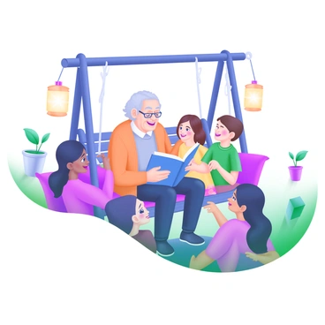 An elder sitting on a porch swing, surrounded by a group of attentive young listeners. The elder, dressed in a cozy cardigan, is animatedly telling stories with a gentle smile. The young listeners, a diverse group, sit closely engaged, some with wide eyes, others leaning in for a better view. The porch swing is adorned with colorful cushions. In the background, there are potted plants and a soft, warm glow from lanterns hanging nearby. A gentle breeze causes the swing to sway slightly.