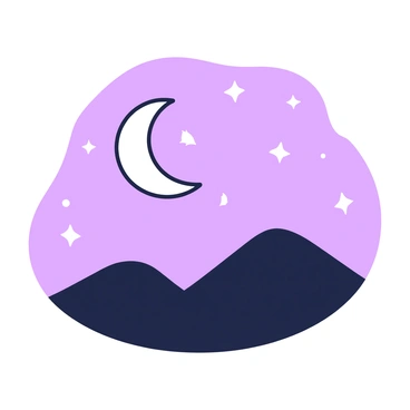 A minimalist night scene with a crescent moon and stars over a silhouette of hills