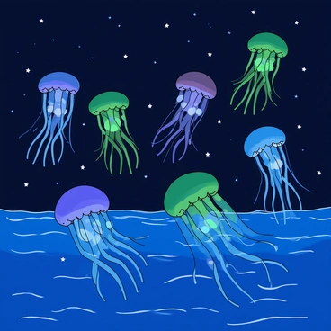 A group of colorful jellyfish are floating gracefully in the water, their translucent bodies glowing softly. Their bioluminescence radiates vibrant shades of blue and green, matching the twinkling stars scattered across a deep navy sky above. The jellyfish have long, flowing tentacles that trail gently behind them, creating a mesmerizing effect in the water. The scene captures the peaceful movement of the jellyfish, surrounded by the shimmering stars that reflect their glow, with the ocean surface gently rippling beneath them.