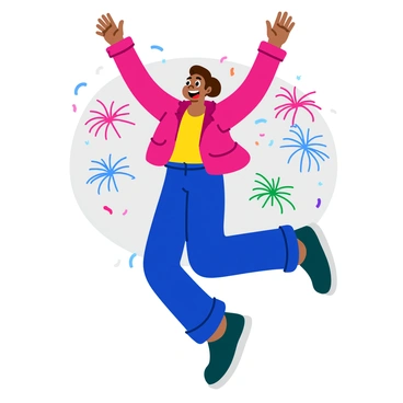 A character with vibrant clothing is joyfully celebrating, jumping with excitement. Their arms are raised high in the air with a broad smile on their face. Colorful fireworks are bursting in the background, illuminating the night sky with bright reds, blues, and greens. The character is surrounded by sparkles and confetti that adds to the festive atmosphere. The scene captures a moment of triumph and happiness, filled with energy and joy.