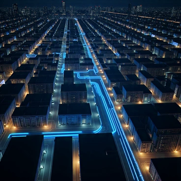 A detailed view of a city grid at night, showcasing bright, glowing lines representing "electricity" flowing through the streets and buildings. The grid is composed of a network of interconnected roads and blocks, with "vibrant blue" and "white" light trails illustrating the flow of power. Skyscrapers are silhouetted against the dark sky, with windows illuminated in various colors, indicating activity within. Streetlights emit warm yellow light, casting a glow on the surrounding areas. The overall scene captures the dynamic energy of an urban environment during the night.