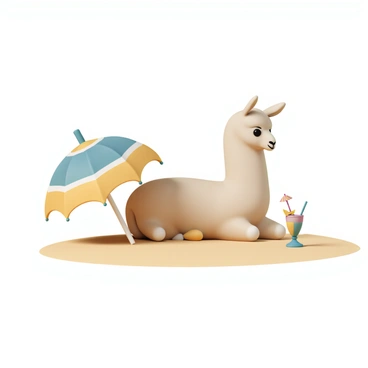 A llama, with soft, fluffy fur in shades of light brown, is lying comfortably on a stretch of golden sandy beach. The llama has a relaxed posture, with its legs stretched out and its head resting gently on the sand. Beside the llama, there is a colorful sun umbrella providing shade, its fabric showcasing a vibrant pattern of blue, yellow, and green. On the sand, near the llama, sits a tall glass filled with a bright, tropical drink garnished with a slice of pineapple and a small umbrella. The scene captures the essence of leisure and tranquility on a sunny beach day.