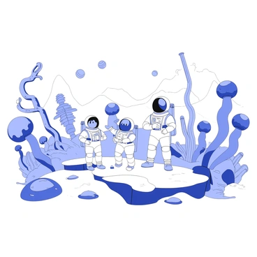 A diverse team of astronauts is exploring an alien planet. The astronauts are wearing spacesuits designed for extraterrestrial environments. They are standing on rocky terrain with unusual formations. Surrounding them is a landscape filled with strange flora, including tall, twisting plants with odd shapes and textures. Some of the plants have large, bulbous structures, while others have intricate, curling tendrils. In the background, there are distant mountains and a sky filled with multiple celestial bodies. The astronauts are interacting with the environment, examining samples and taking notes.