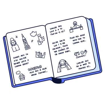 A sketchbook lying open on a flat surface, showcasing various doodles and notes about London. The pages are filled with simple line drawings of iconic London landmarks, including "Big Ben," "Tower Bridge," and "the London Eye." Scattered around the illustrations are handwritten notes with interesting facts and observations about each location. Some pages feature small sketches of people in traditional London attire and others display doodles of typical British food items, like "fish and chips" and "tea." The overall arrangement creates a lively and engaging representation of the artist's experiences in the city.