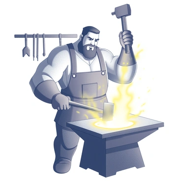 A brawny blacksmith is standing in front of a glowing forge. He is wearing a leather apron and protective gloves. His muscular arms are raised as he strikes a piece of glowing metal on an anvil with a heavy hammer. Sparks are flying from the metal with each powerful blow. The forge emits bright light, illuminating the scene, while the blacksmith's focused expression shows determination and skill. Behind him, tools hang on the wall, creating a workshop atmosphere.