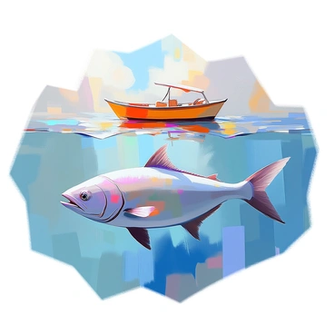 A giant fish with iridescent scales swimming beneath a small wooden boat. The fish is elongated and has a wide dorsal fin, clearly indicating its massive size. The boat is painted in bright colors and appears small in comparison to the fish. The water is clear, allowing a view of the fish's detailed body and fins as it glides gracefully beneath the surface, creating ripples around the boat. Sunlight filters through the water, illuminating the scene.