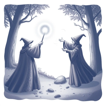 Two wizards engaged in a magical duel within a dense, mystical forest. One wizard, wearing a flowing robe adorned with intricate patterns, raises a staff high as glowing energy swirls around it. The other wizard, clad in a cloak with a hood casting a shadow over their face, gestures dramatically, summoning sparks of light from their hands. Surrounding them are towering trees with twisted trunks, their leaves appearing to shimmer with an ethereal glow. The ground is covered in a carpet of lush moss and scattered stones, while faint wisps of mist swirl around the duelists, heightening the atmosphere of enchantment.
