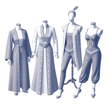 A collection of intricate costumes arranged on mannequins, showcasing detailed designs inspired by the characters of "Othello." One costume features an ornate, flowing robe with intricate patterns, embellished with delicate embroidery. Another costume displays a fitted ensemble, complete with an elaborately decorated tunic and matching trousers, all highlighting the textures of the fabrics. Accessories such as a jeweled belt and a feathered headdress are included in the scene, adding to the richness of the presentation. The costumes are well-lit, emphasizing the craftsmanship and attention to detail in each piece.