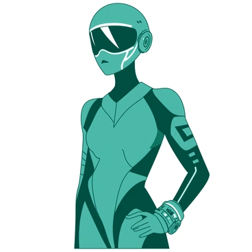 A teal futuristic digital avatar stands confidently with an intricate design that highlights the contours of its face. The avatar is adorned with sleek, high-tech fashion accessories. It wears a shiny, reflective visor that covers its eyes, emitting a soft white glow. The outfit is made of a smooth, high-tech material that hugs the body, accentuated by angular patterns and glowing lines. On one wrist, the avatar sports a multi-functional bracelet with holographic displays projecting various data. The background is minimalistic, emphasizing the avatar's striking features and advanced accessories.