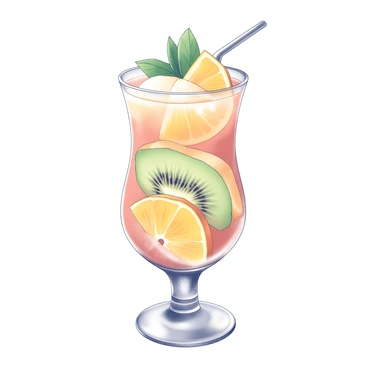 A tall glass filled with a layered fruit cocktail. The cocktail displays distinct layers of vibrant fruit, featuring slices of "orange" and "kiwi" that are arranged attractively within the glass. The top of the cocktail is garnished with "mint leaves" that add a fresh touch. The glass itself is clear, showcasing the colorful layers of fruit inside. The cocktail has a glossy surface, indicating freshness and appeal.