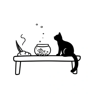 A cat sitting on a wooden table, its body slightly arched and tail held high, intensely focused on a small fish swimming inside a round glass bowl. The fish is colored with distinct patterns, while a few pebbles rest at the bottom of the bowl. The surface of the water has gentle ripples that reflect the shape of the cat and the bowl. A soft shadow of the cat falls on the table, adding depth to the scene.