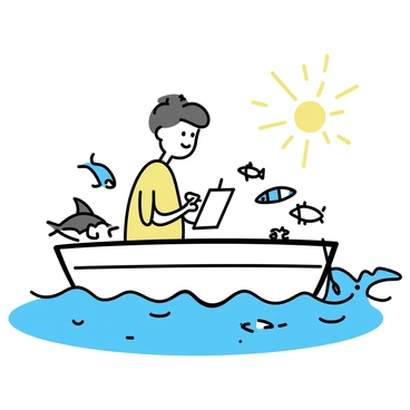 An illustrator, sitting on the deck of a small boat, is focused on sketching various marine life. The boat is gently bobbing in the water, surrounded by clear blue waves. The illustrator is holding a pencil and sketchbook, capturing the detailed shapes of fish and sea creatures swimming beneath the surface. Sunlight reflects off the water, creating patterns around the boat. Various marine animals, like a dolphin and a starfish, are visible in the water, adding diversity to the scene.