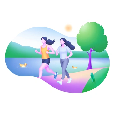A scenic lakeside path is depicted with two friends jogging side by side. One friend is wearing a bright yellow tank top and black shorts, while the other is in a light blue t-shirt and grey leggings. The calm lake reflects the clear blue sky, and lush green trees line the path. The sun casts warm light on the scene, emphasizing the joy and camaraderie between the two friends as they run together. Small ducks can be seen swimming in the lake nearby.