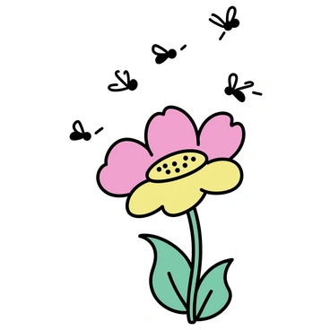 A group of small black flies, each with transparent wings, is dancing in the air above a large, colorful flower. The flower has bright petals in shades of red and yellow, with a large green stem and leaves. The flies are in various positions, some hovering and others appearing to flap their wings energetically. The flower's center is filled with yellow pollen, and the scene captures the lively movement and interaction of the flies around the flower.