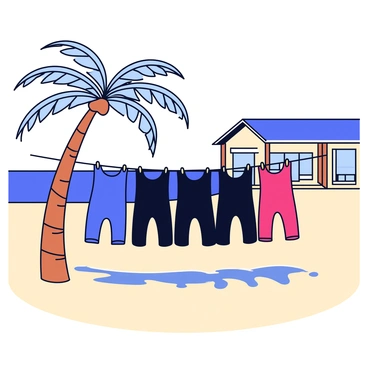 A row of wetsuits in various colors, including blue, black, and red, hanging to dry from a clothesline. The wetsuits are neatly spaced apart, allowing their details to be visible. A palm tree with elongated fronds stands nearby, casting gentle shadows on the ground. The background features the sandy beach and the blue ocean, emphasizing the beachside location of the dive shop. The dive shop is visible in the distance, with a simple sign and a wooden structure.