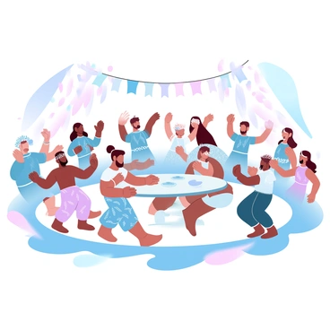 A group of people is gathered in a vibrant outdoor setting, celebrating a circumcision ceremony. They are dressed in traditional attire, which includes colorful garments adorned with intricate patterns. Some individuals are wearing elaborate headpieces that reflect the cultural significance of the event. In the background, decorative banners and garlands add to the festive atmosphere. A large circle is formed in the middle, where a ceremonial table is displayed, holding various traditional items. There are joyful participants engaged in traditional dances, adding dynamic movements to the scene.